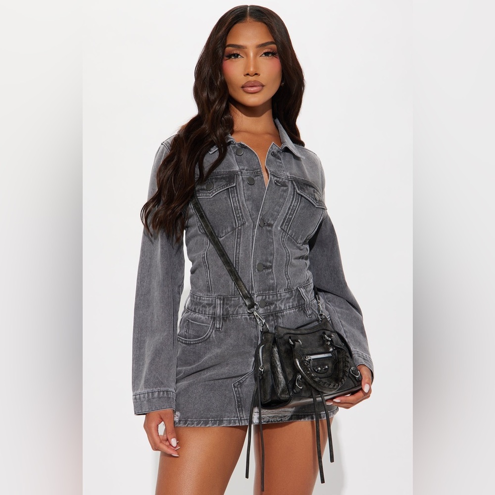 Fashion Nova Dark Gray Denim Leather Crossbody Purse